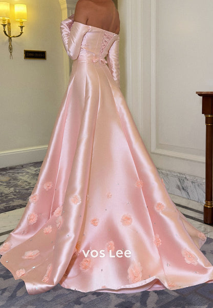 Pink Off the Shoulder 3D Flowers Appliques A Line Evening Dress with Long Sleeves