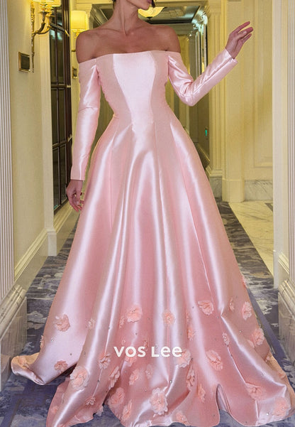 Pink Off the Shoulder 3D Flowers Appliques A Line Evening Dress with Long Sleeves