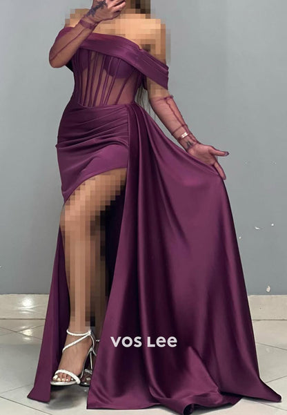 Simple High Slit Ruched Illusion Cutout Mermaid Formal Dresses with Gloves
