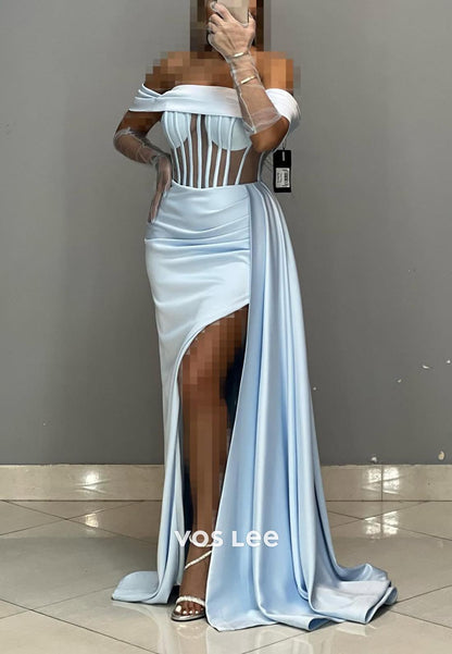 Simple High Slit Ruched Illusion Cutout Mermaid Formal Dresses with Gloves