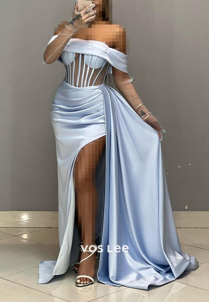 Simple High Slit Ruched Illusion Cutout Mermaid Formal Dresses with Gloves