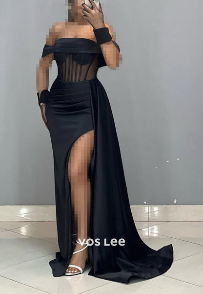 Simple High Slit Ruched Illusion Cutout Mermaid Formal Dresses with Gloves