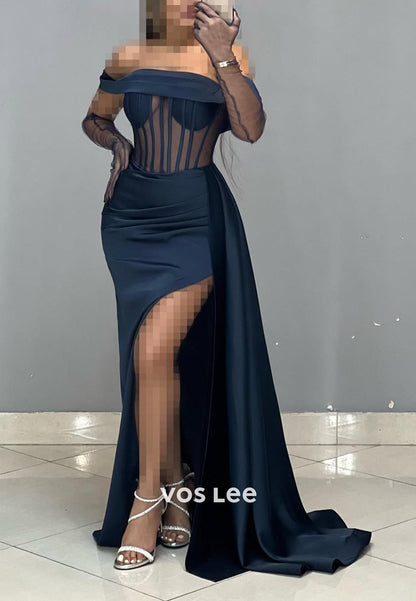 Simple High Slit Ruched Illusion Cutout Mermaid Formal Dresses with Gloves