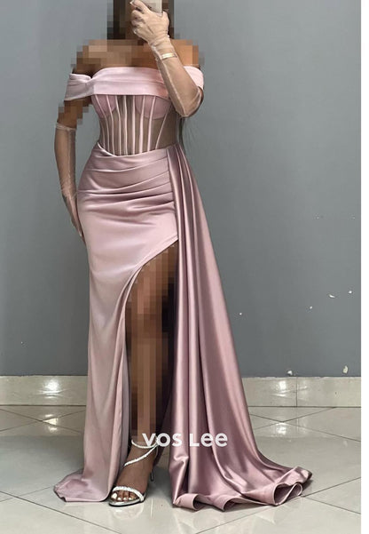 Simple High Slit Ruched Illusion Cutout Mermaid Formal Dresses with Gloves
