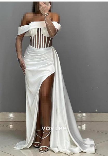 Simple High Slit Ruched Illusion Cutout Mermaid Formal Dresses with Gloves