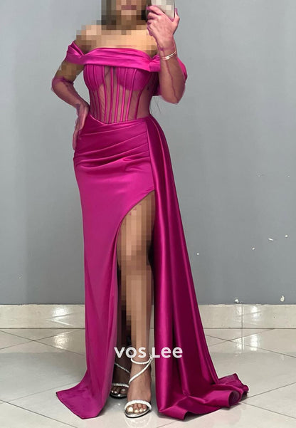 Simple High Slit Ruched Illusion Cutout Mermaid Formal Dresses with Gloves