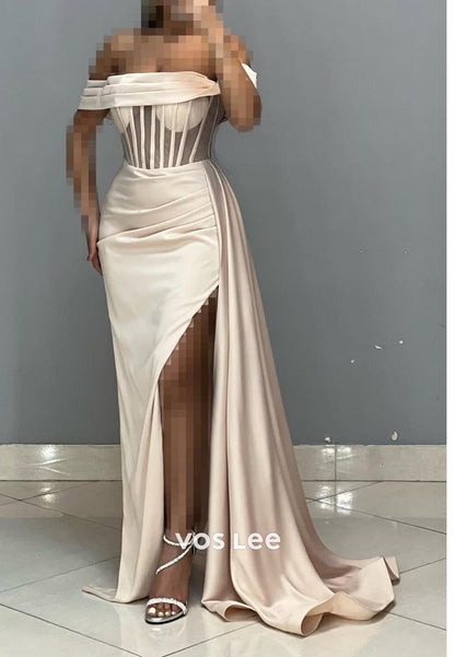 Simple High Slit Ruched Illusion Cutout Mermaid Formal Dresses with Gloves