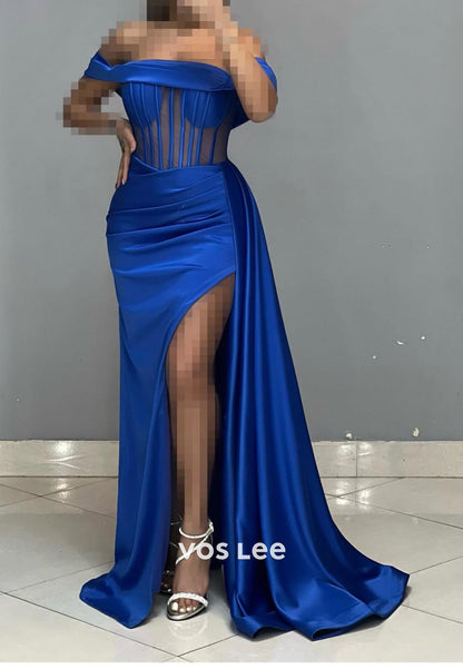Simple High Slit Ruched Illusion Cutout Mermaid Formal Dresses with Gloves