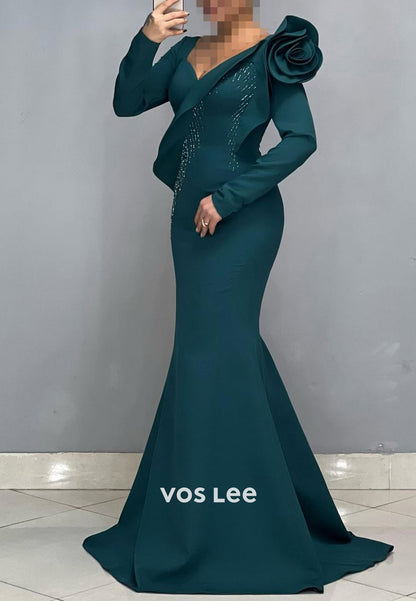 Big Flower V-Neck Long Sleeves Mermaid Formal Party Evening Dress