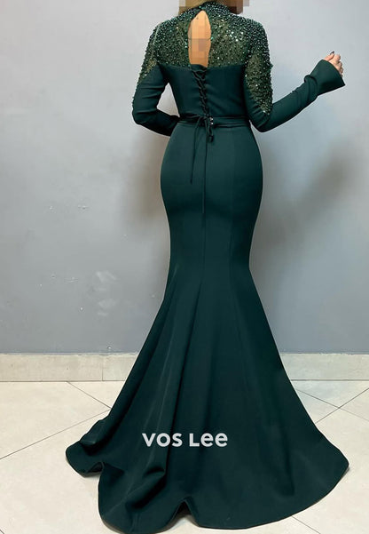 High Neck Pearls Long Sleeves Mermaid with Train Party Evening Dress