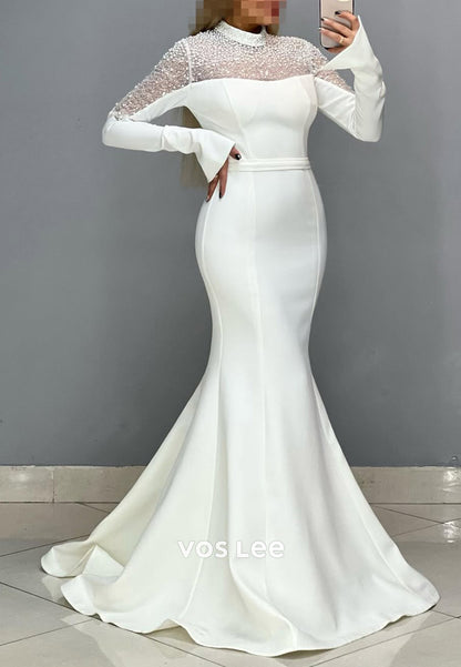 High Neck Pearls Long Sleeves Mermaid with Train Party Evening Dress