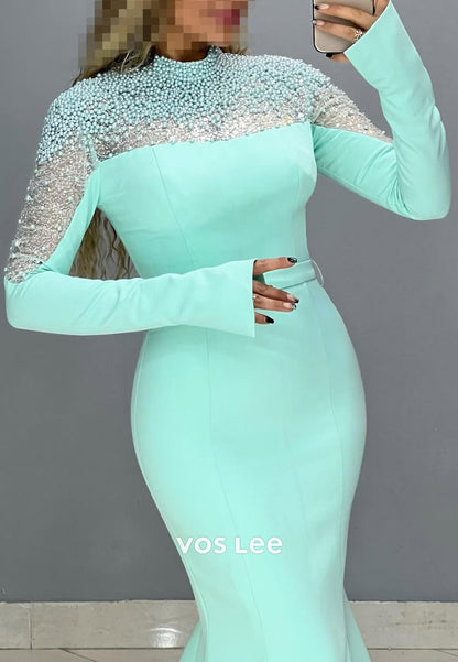 High Neck Pearls Long Sleeves Mermaid with Train Party Evening Dress