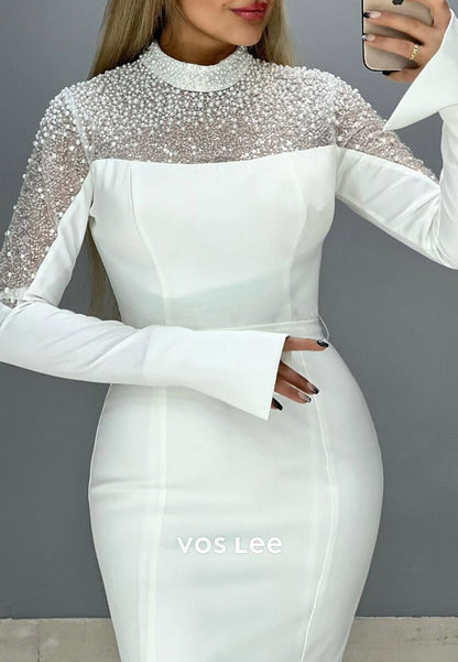 High Neck Pearls Long Sleeves Mermaid with Train Party Evening Dress