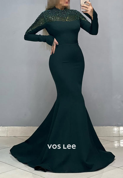High Neck Pearls Long Sleeves Mermaid with Train Party Evening Dress