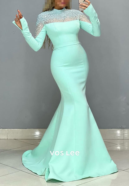 High Neck Pearls Long Sleeves Mermaid with Train Party Evening Dress