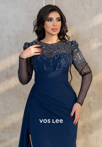 Blue Long Sleeves A-Line Applique Evening Dress Formal Party Wedding Guest Gown