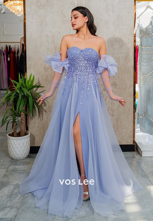 Puff Sleeves Floral Lavender Applique A-Line Tulle Formal Party Prom Dress Ball Gown