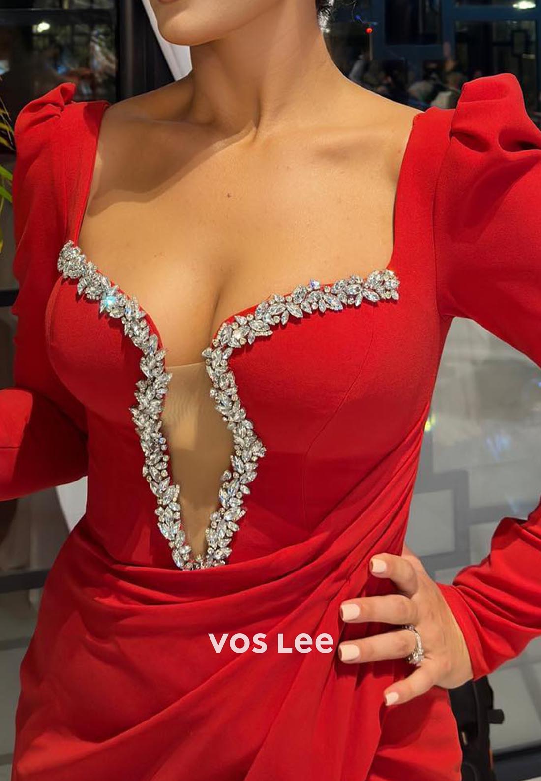 Long Sleeves Low V-Neck Rhinestone Mermaid Evening Dress with High Split
