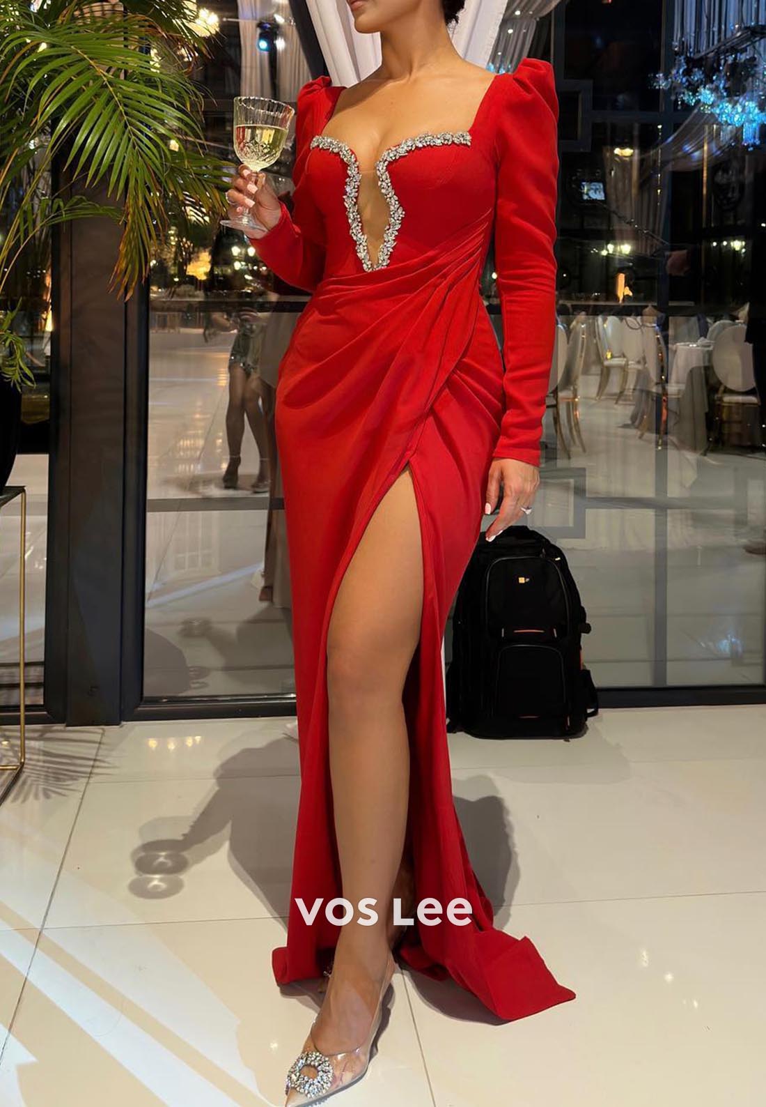 Long Sleeves Low V-Neck Rhinestone Mermaid Evening Dress with High Split