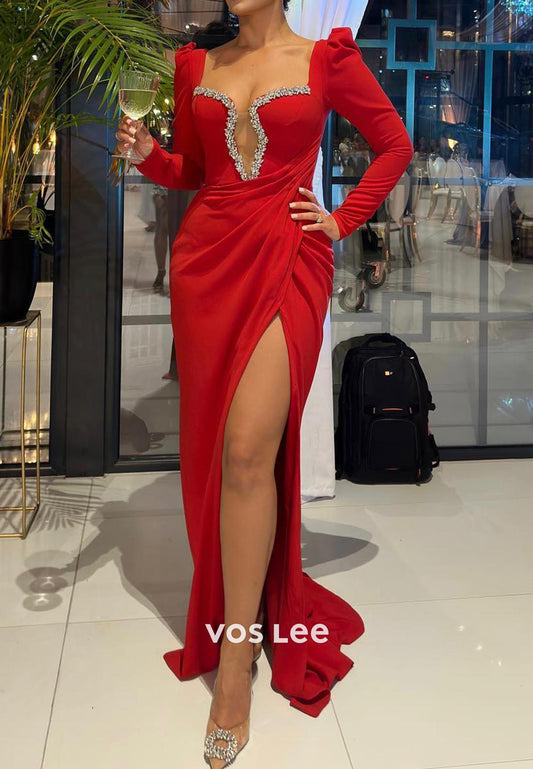 Long Sleeves Low V-Neck Rhinestone Mermaid Evening Dress with High Split