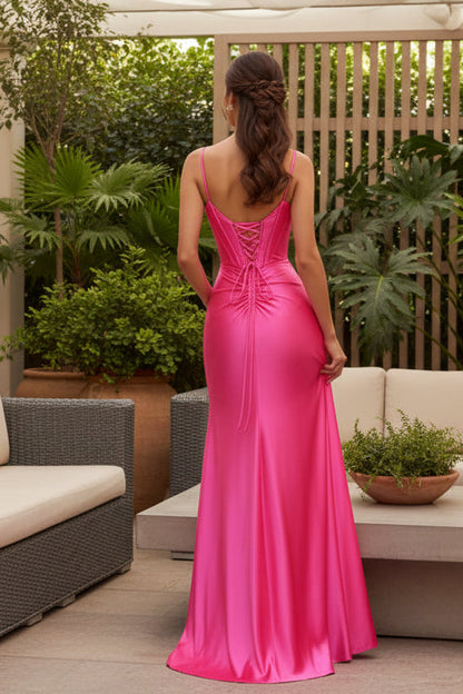 Sweetheart Simple Sleek Satin Corset Mermaid Prom Dress With Split