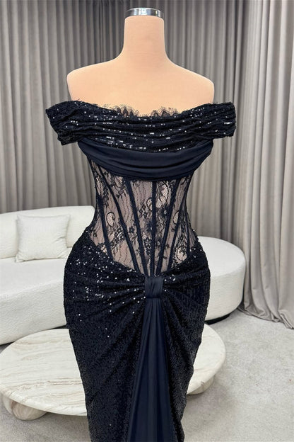 Shining Black Off-The-Shoulder Sequins Mermaid Prom Dresses Sheath With Lace