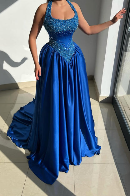 Shining Royal Blue Halter Sleeveless Satin Prom Dresses A-Line Long With Beads Pleats