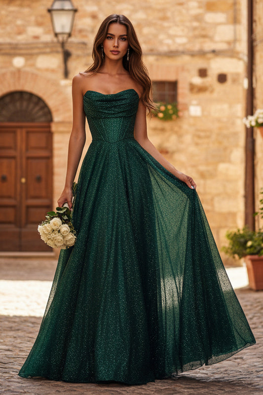 Sparkly Strapless Dark Green Glitter A-Line Cocktail Dress Floor Length Graceful Prom Dresses