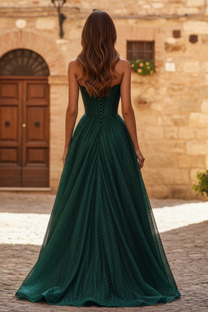 Sparkly Strapless Dark Green Glitter A-Line Cocktail Dress Floor Length Graceful Prom Dresses