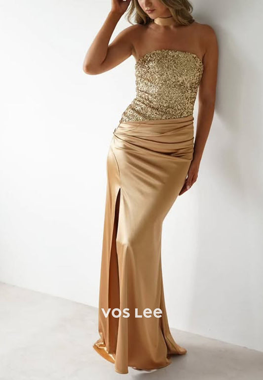 Strapless Gliiter Bead Sequins Column Split Prom Dress