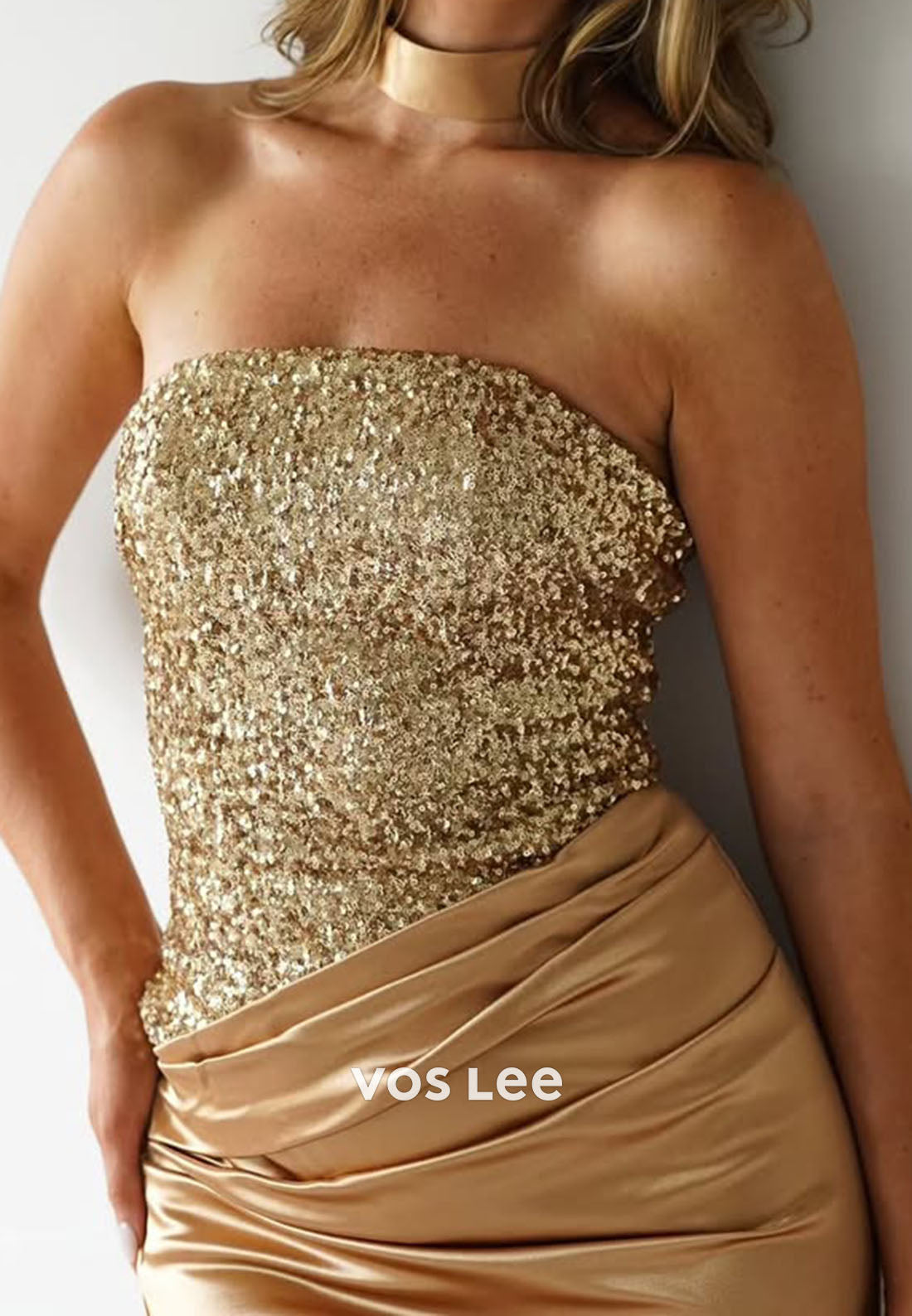 Strapless Gliiter Bead Sequins Column Split Prom Dress