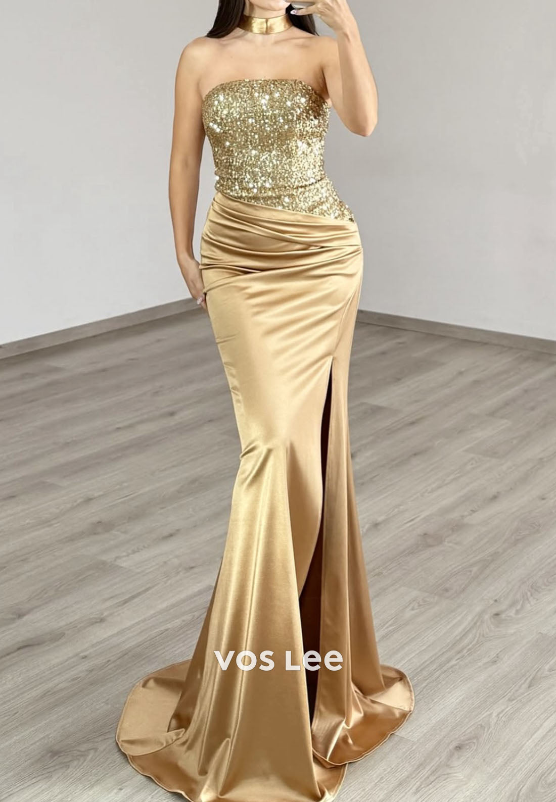 Strapless Gliiter Bead Sequins Column Split Prom Dress