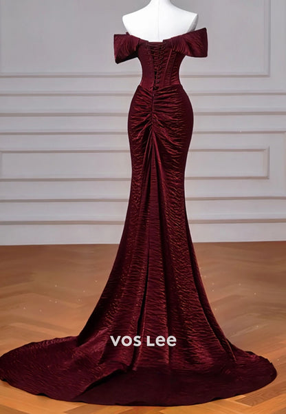 Red Off the Shoulder Elegant Mermaid Evening Dress With Pleat
