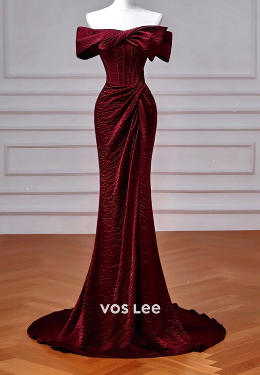 Red Off the Shoulder Elegant Mermaid Evening Dress With Pleat