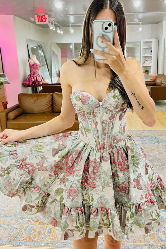 Gorgeous A Line Sweetheart Grey Pink Printed Corset Homecoming Dress