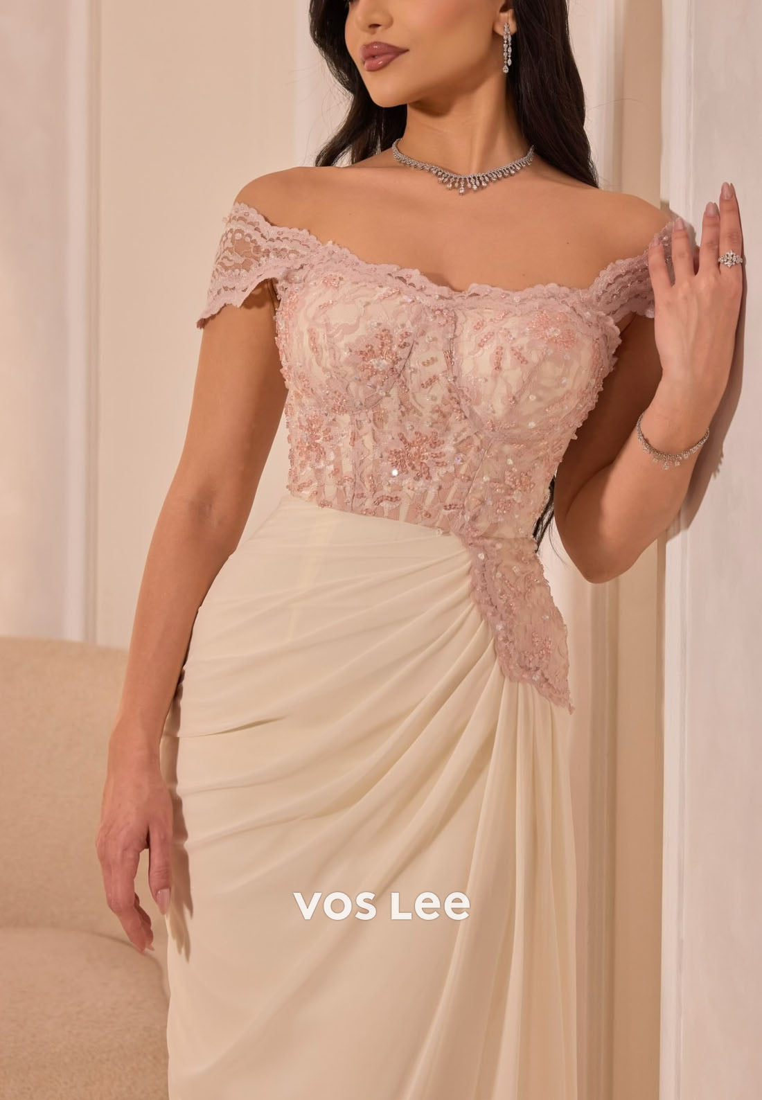 Elegant Ivory Lace Off Shoulder Formal Gown, Ruched Chiffon Dress for Prom & Wedding Guest