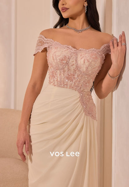 Elegant Ivory Lace Off Shoulder Formal Gown, Ruched Chiffon Dress for Prom & Wedding Guest