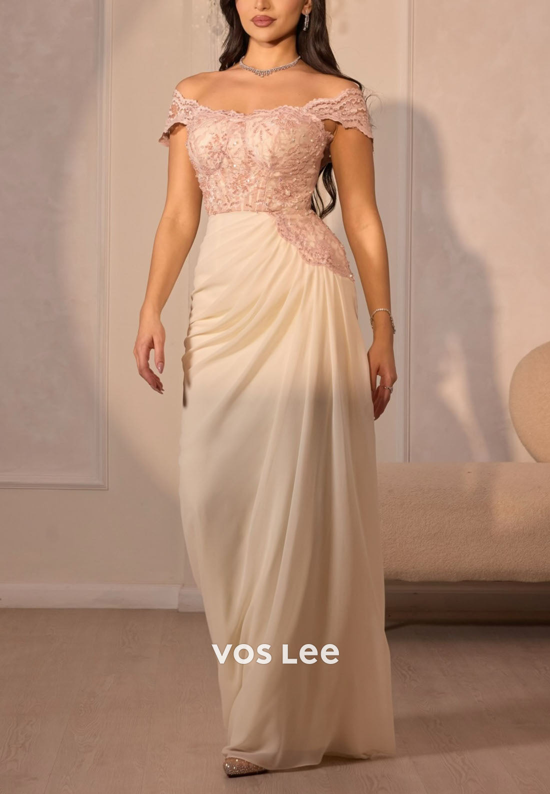 Elegant Ivory Lace Off Shoulder Formal Gown, Ruched Chiffon Dress for Prom & Wedding Guest