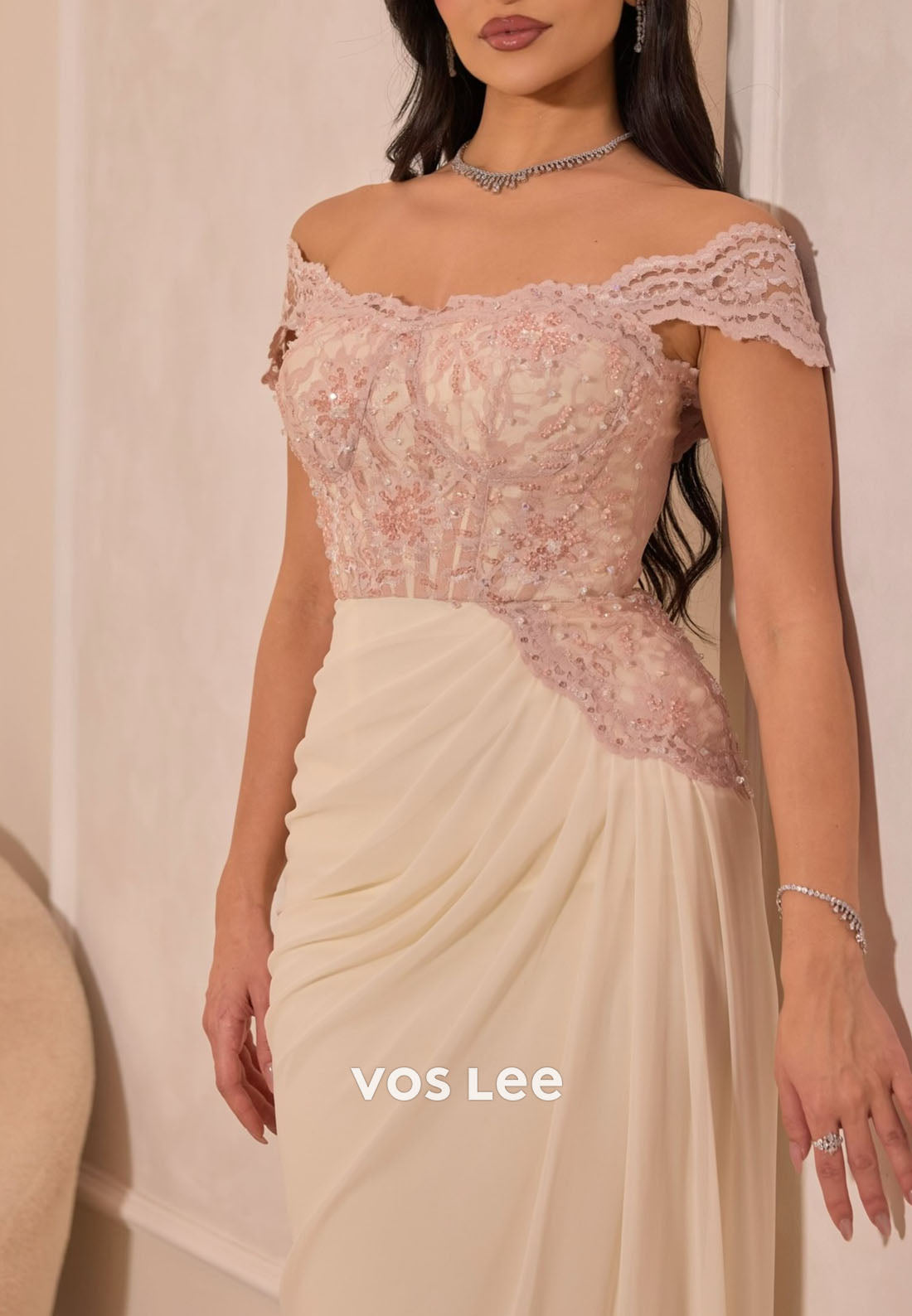 Elegant Ivory Lace Off Shoulder Formal Gown, Ruched Chiffon Dress for Prom & Wedding Guest