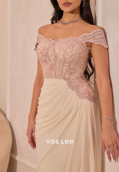 Elegant Ivory Lace Off Shoulder Formal Gown, Ruched Chiffon Dress for Prom & Wedding Guest