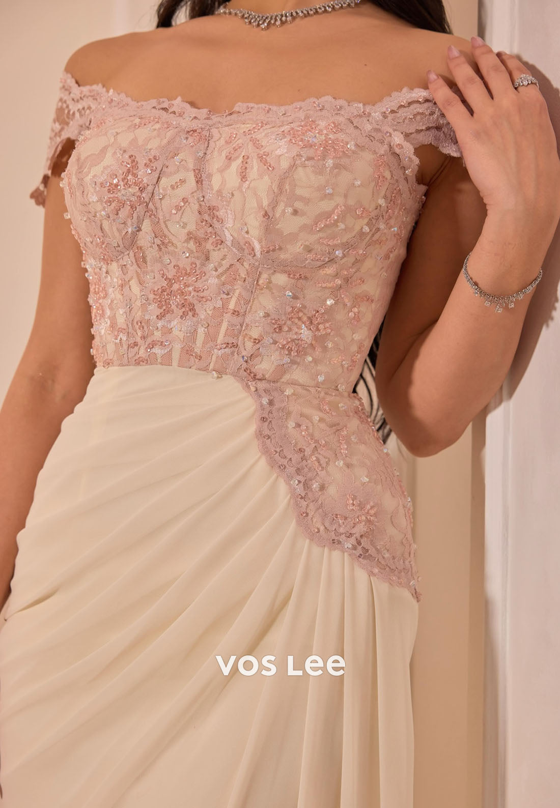 Elegant Ivory Lace Off Shoulder Formal Gown, Ruched Chiffon Dress for Prom & Wedding Guest