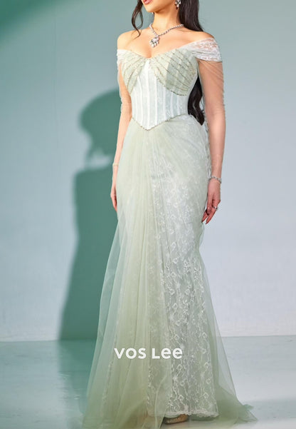 Sage Green Off Shoulder Corset Mermaid Prom Dress, Lace Tulle Formal Evening Gown