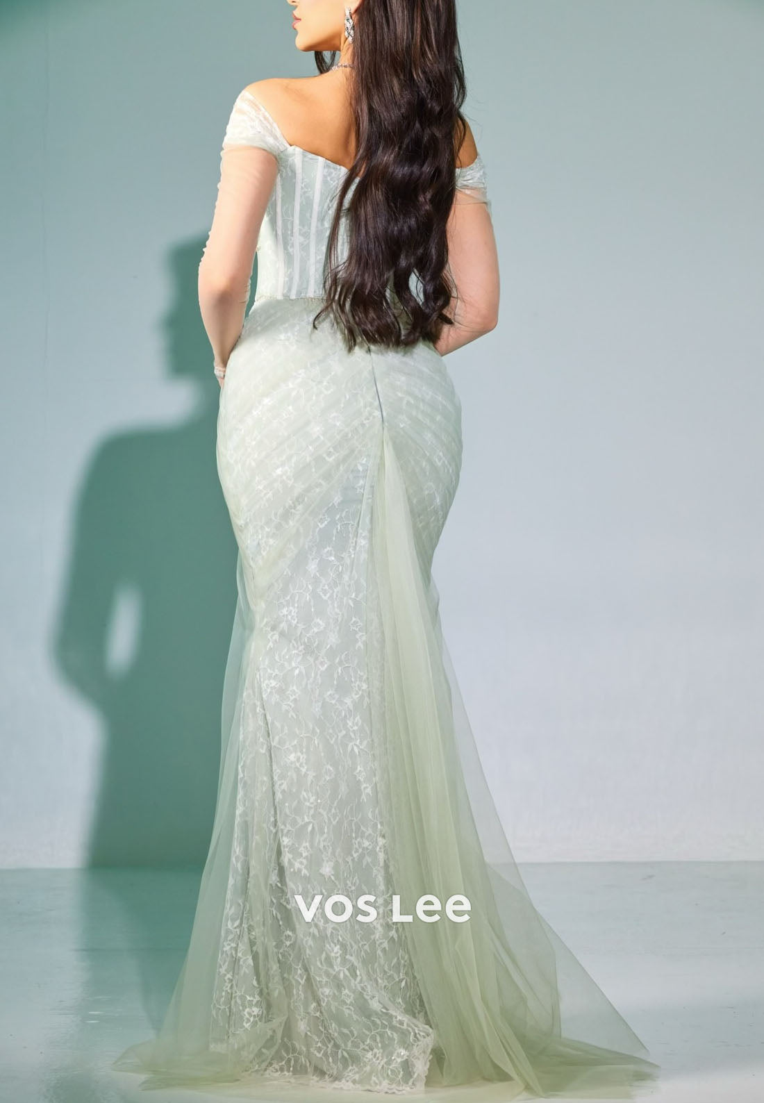 Sage Green Off Shoulder Corset Mermaid Prom Dress, Lace Tulle Formal Evening Gown