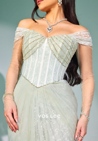 Sage Green Off Shoulder Corset Mermaid Prom Dress, Lace Tulle Formal Evening Gown