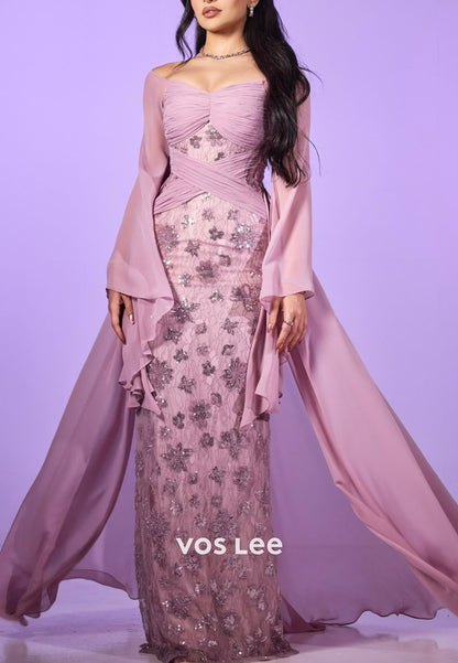 Lavender Off Shoulder Long Sleeve Mermaid Prom Dress, Floral Lace Formal Evening Gown