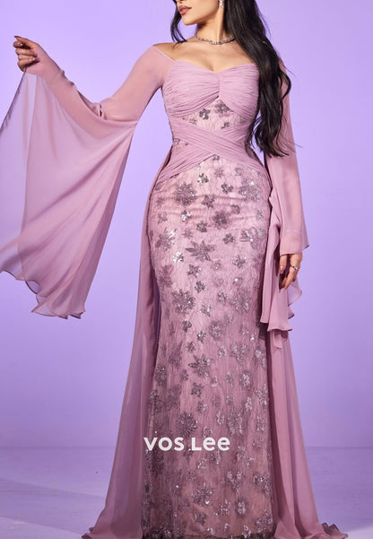 Lavender Off Shoulder Long Sleeve Mermaid Prom Dress, Floral Lace Formal Evening Gown