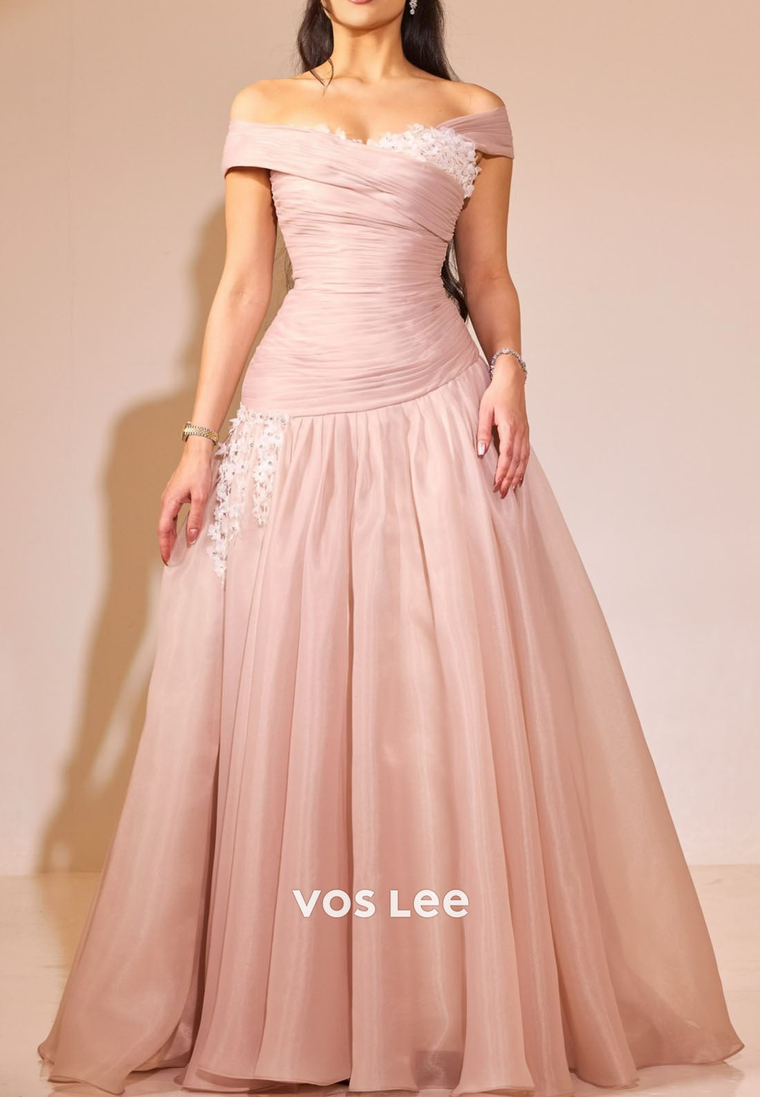 Blush Pink Off Shoulder A-Line Prom Dress, Lace Applique Formal Evening Gown for Women