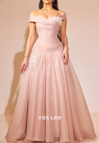 Blush Pink Off Shoulder A-Line Prom Dress, Lace Applique Formal Evening Gown for Women