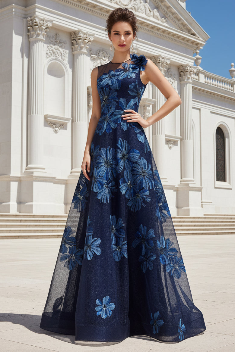 Floral Embroidered Tulle Gown With 3D Flower