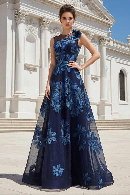 Floral Embroidered Tulle Gown With 3D Flower
